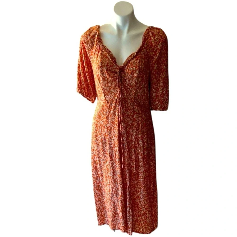 Sincerely Jules Women’s Orange Floral Smocked Midi Dress With Slits Size Small